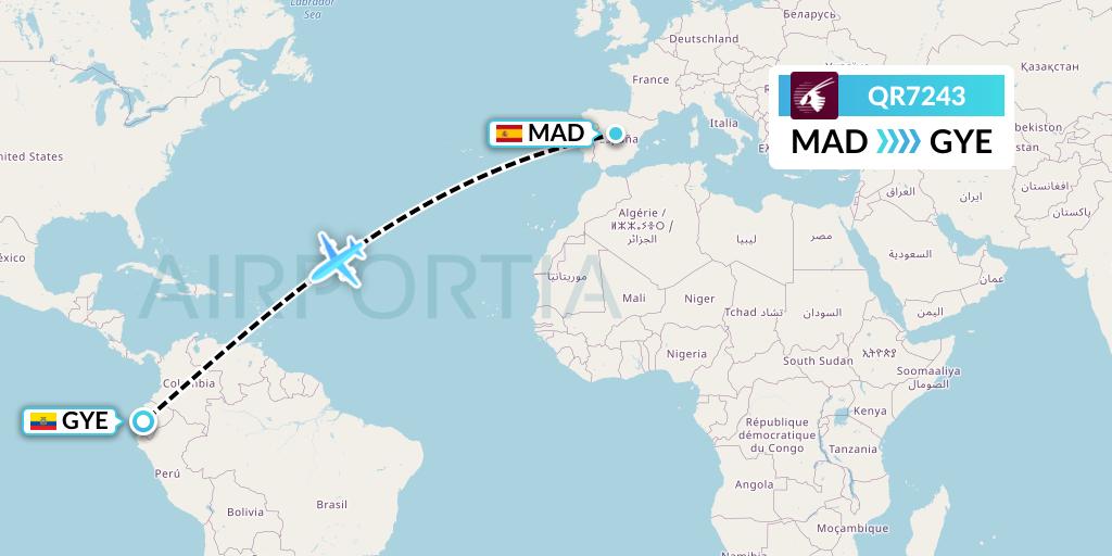 QR7243 Qatar Airways Flight Map: Madrid to Guayaquil
