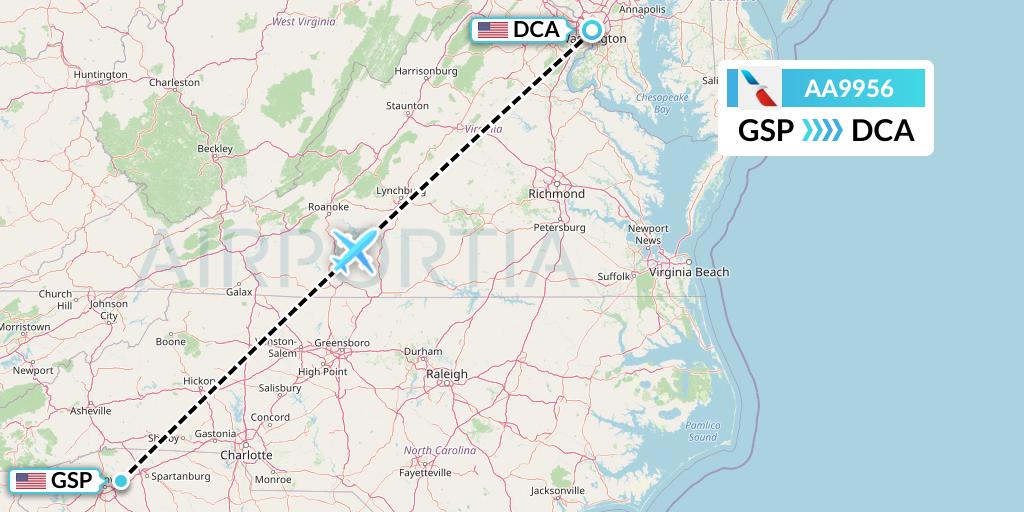 AA9956 American Airlines Flight Map: Greenville-Spartanburg to Washington