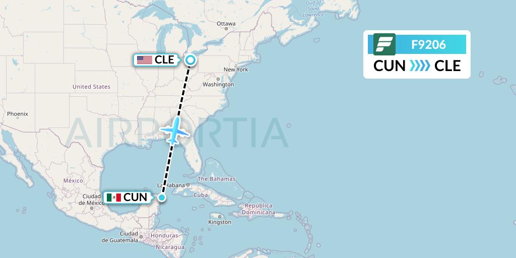 F9206 Frontier Airlines Flight Map: Cancun to Cleveland