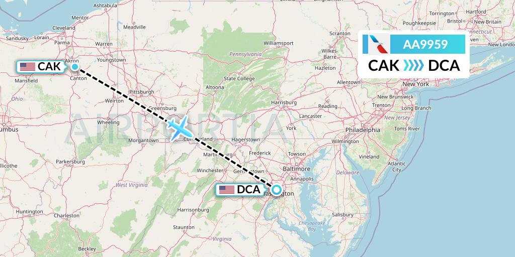 AA9959 American Airlines Flight Map: Akron to Washington