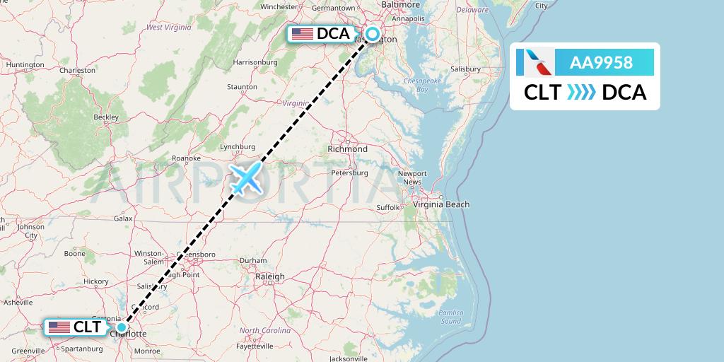 AA9958 American Airlines Flight Map: Charlotte to Washington