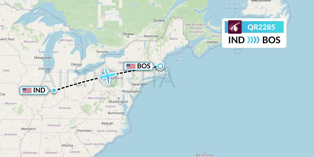 QR2285 Qatar Airways Flight Map: Indianapolis to Boston
