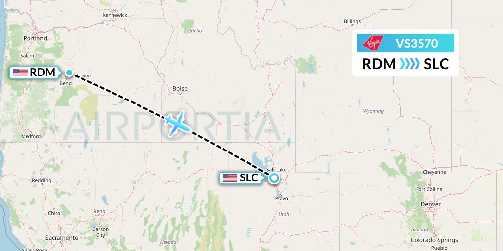 VS3570 Virgin Atlantic Airways Flight Map: Redmond to Salt Lake City