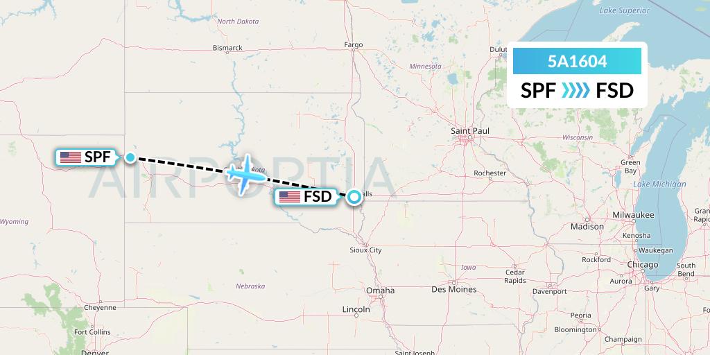 5A1604 Alpine Air Express Flight Map: Spearfish to Sioux Falls