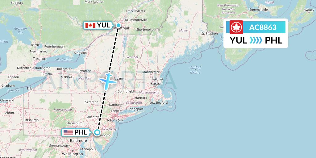 AC8863 Air Canada Flight Map: Montreal to Philadelphia