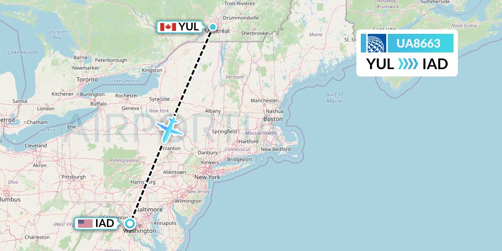 UA8663 United Airlines Flight Map: Montreal to Washington