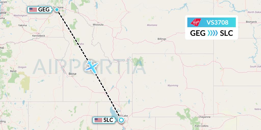 VS3708 Virgin Atlantic Airways Flight Map: Spokane to Salt Lake City