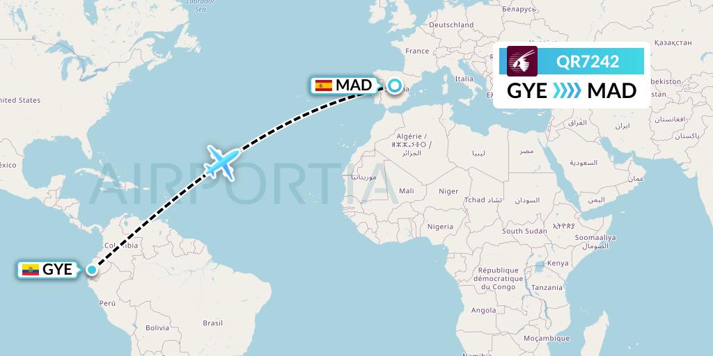 QR7242 Qatar Airways Flight Map: Guayaquil to Madrid