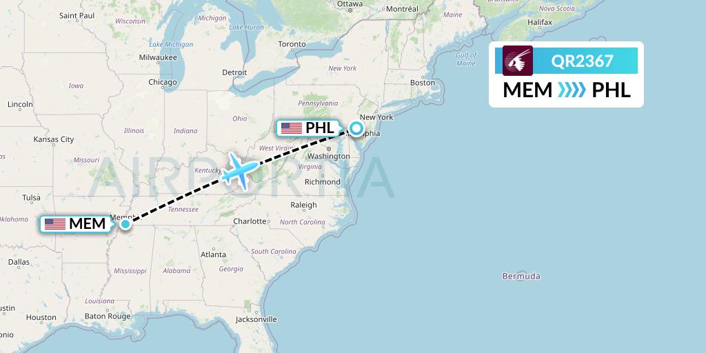 QR2367 Qatar Airways Flight Map: Memphis to Philadelphia