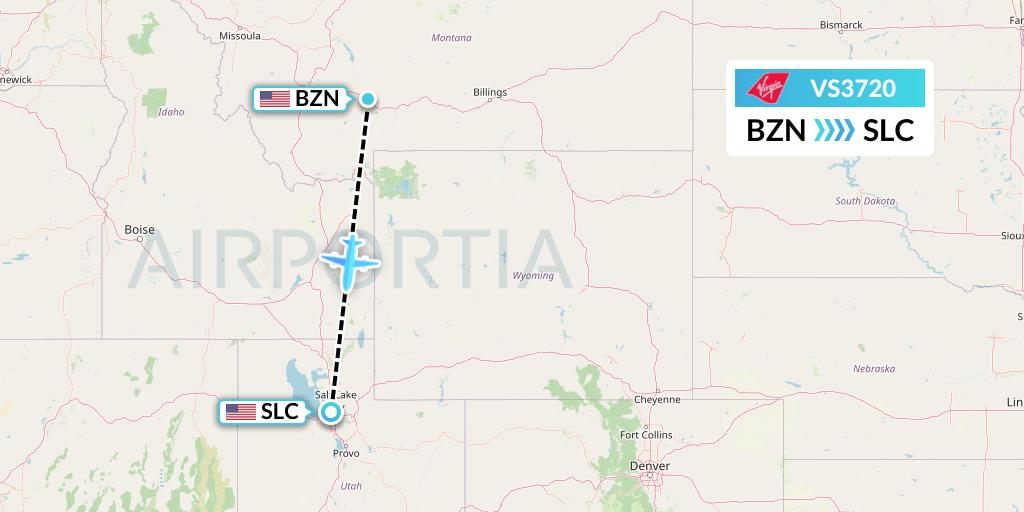 VS3720 Virgin Atlantic Airways Flight Map: Bozeman to Salt Lake City