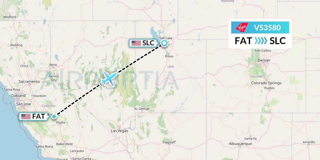 VS3580 Virgin Atlantic Airways Flight Map: Fresno to Salt Lake City
