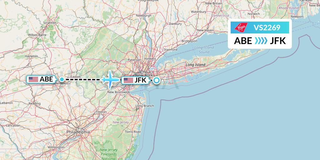 VS2269 Virgin Atlantic Airways Flight Map: Allentown to New York