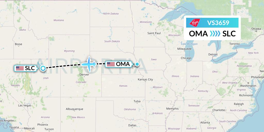 VS3659 Virgin Atlantic Airways Flight Map: Omaha to Salt Lake City