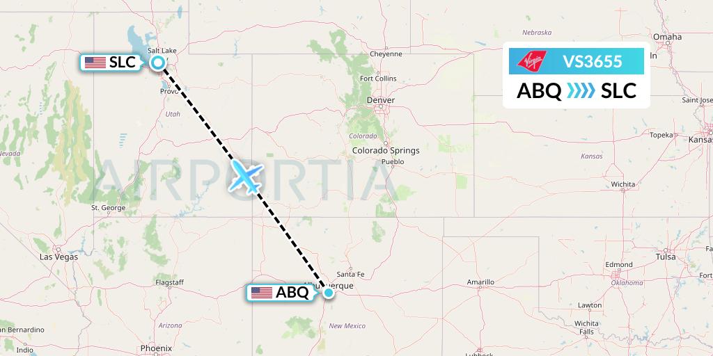 VS3655 Virgin Atlantic Airways Flight Map: Albuquerque to Salt Lake City