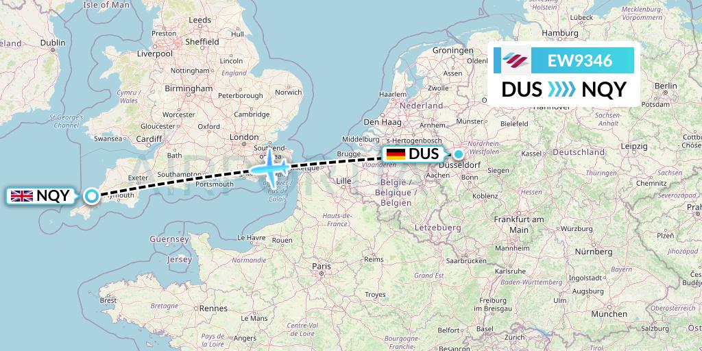 EW9346 Eurowings Flight Map: Dusseldorf to Newquay