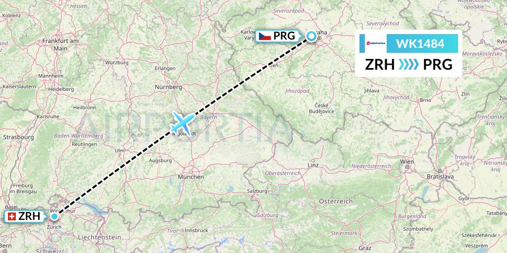 WK1484 Edelweiss Air Flight Map: Zurich to Prague