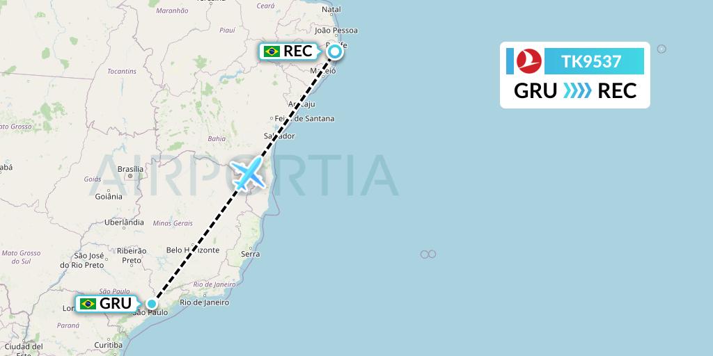 TK9537 Turkish Airlines Flight Map: Sao Paulo to Recife