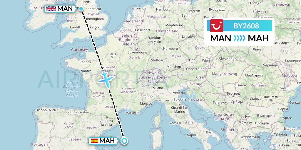 BY2608 TUI Airways Flight Map: Manchester to Mahon