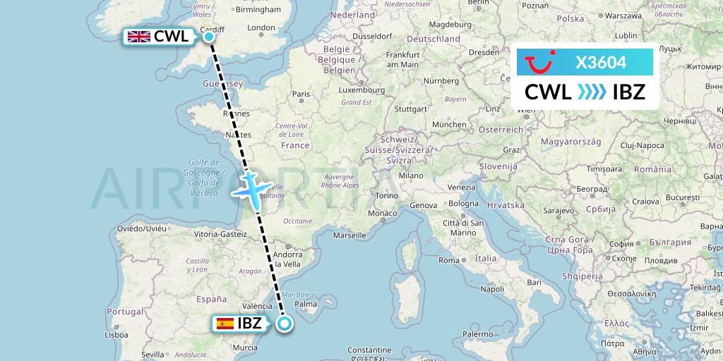X3604 TUI fly Germany Flight Map: Cardiff to Ibiza
