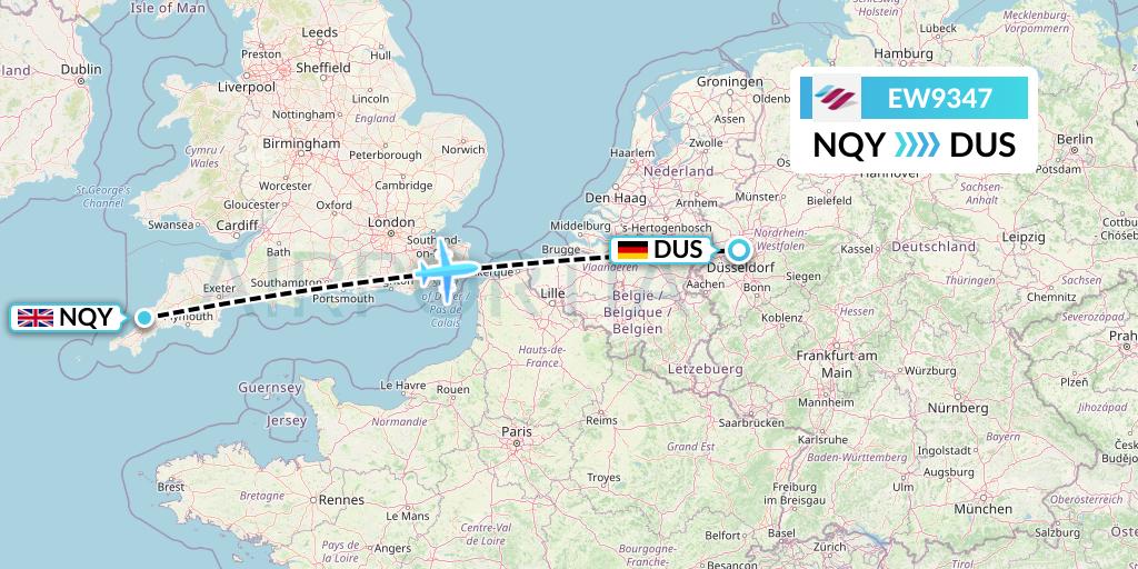 EW9347 Eurowings Flight Map: Newquay to Dusseldorf