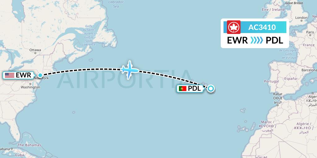 AC3410 Air Canada Flight Map: New York to Ponta Delgada