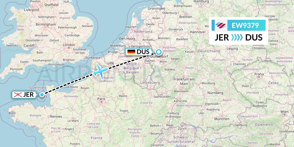 EW9379 Eurowings Flight Map: Jersey to Dusseldorf