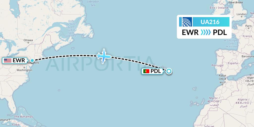 UA216 United Airlines Flight Map: New York to Ponta Delgada