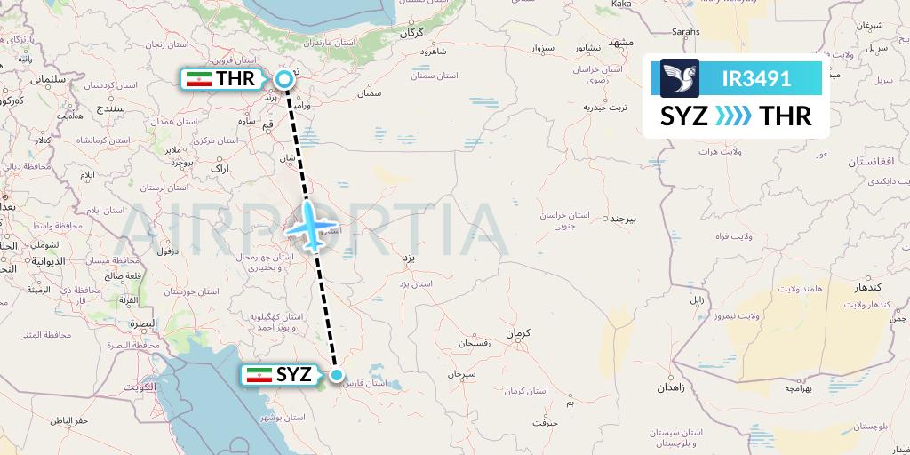 IR3491 Iran Air Flight Map: Shiraz to Tehran