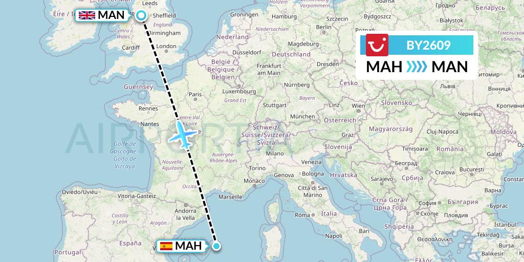 BY2609 TUI Airways Flight Map: Mahon to Manchester