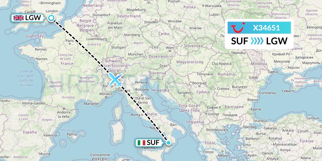 X34651 TUI fly Germany Flight Map: Lamezia Terme to London