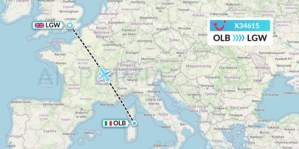 X34615 TUI fly Germany Flight Map: Olbia to London