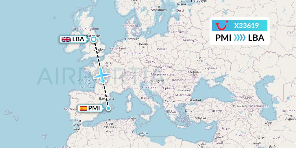 X33619 TUI fly Germany Flight Map: Palma de Mallorca to Leeds