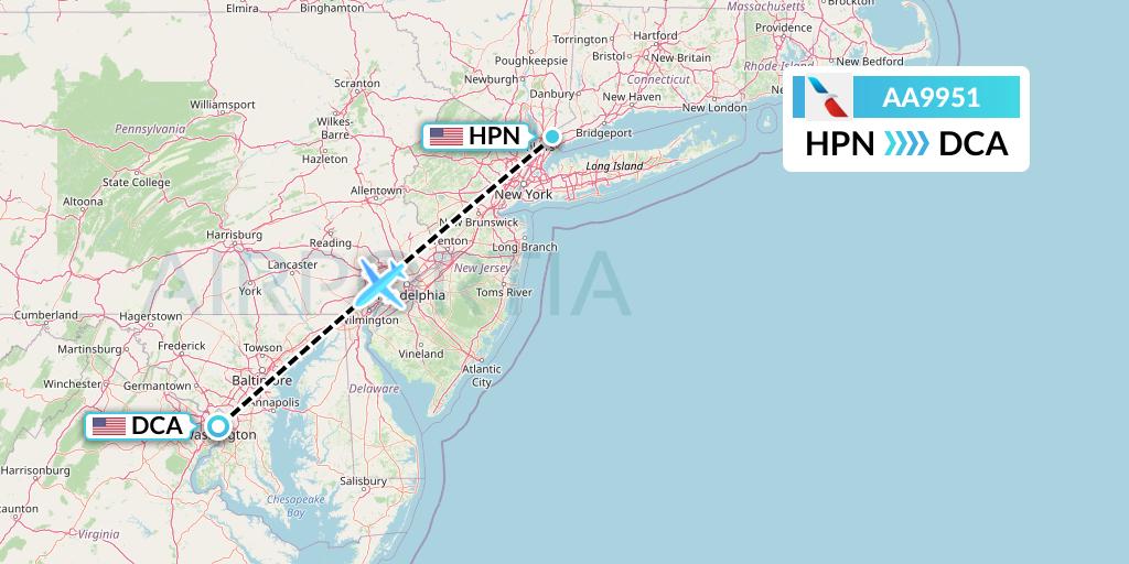 AA9951 American Airlines Flight Map: White Plains to Washington