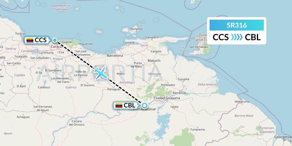 5R316 Rutaca Airlines Flight Map: Caracas to Venezuela