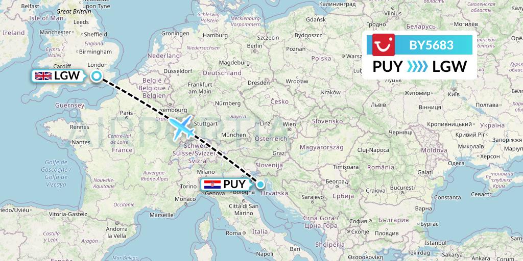 BY5683 TUI Airways Flight Map: Pula to London