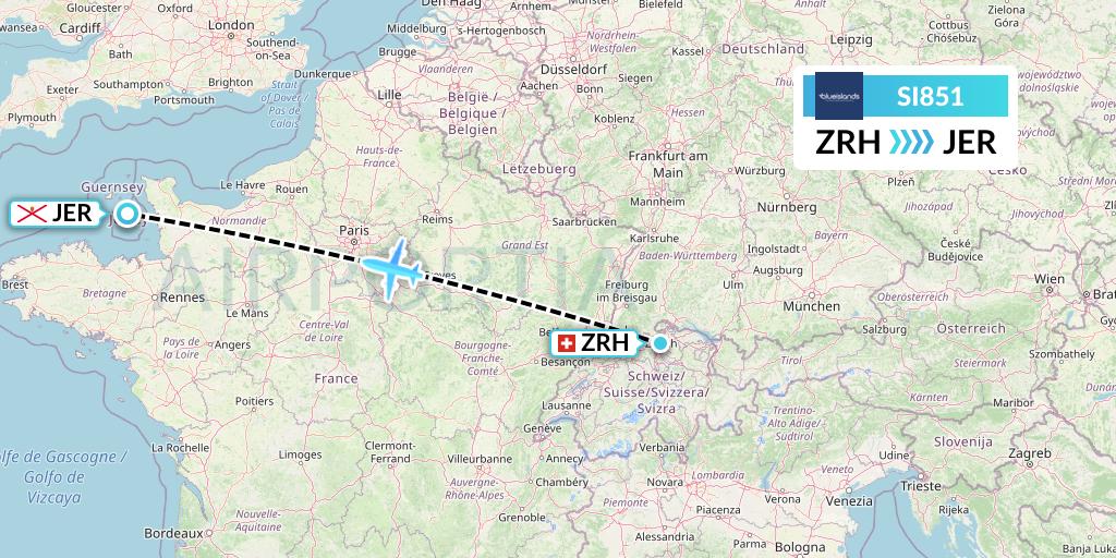 SI851 Blue Islands Flight Map: Zurich to Jersey