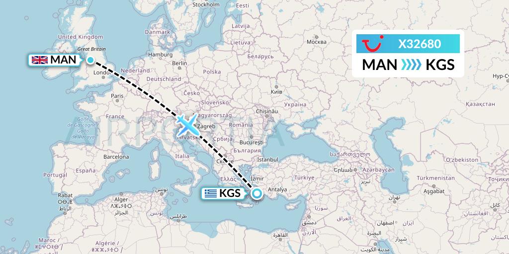 X32680 TUI fly Germany Flight Map: Manchester to Kos
