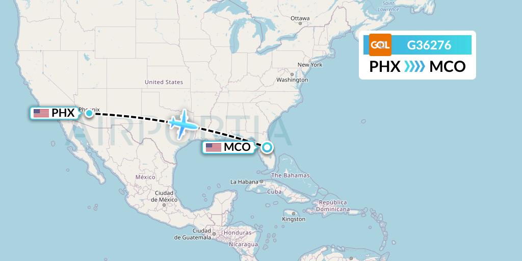 G36276 GOL Transportes Aeros Flight Map: Phoenix to Orlando