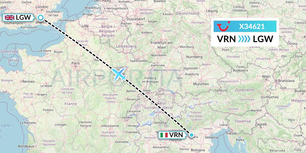 X34621 TUI fly Germany Flight Map: Verona to London