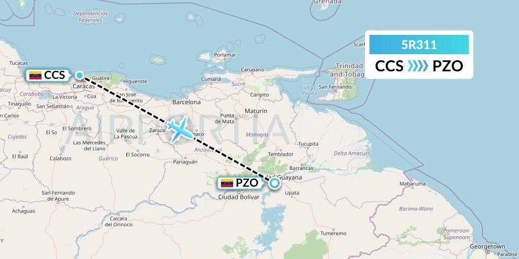 5R311 Rutaca Airlines Flight Map: Caracas to Puerto Ordaz