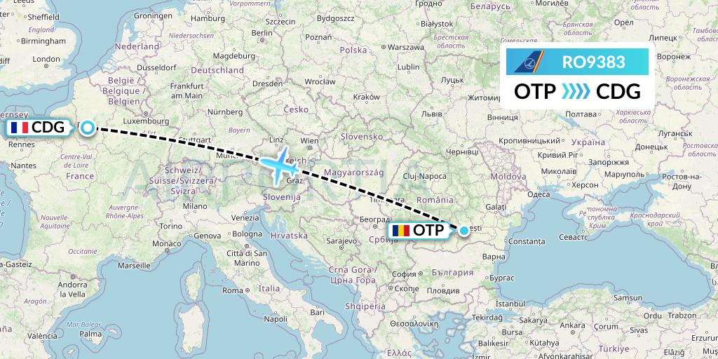 RO9383 Tarom Flight Map: Bucharest to Paris