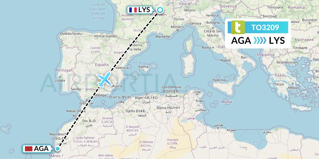 TO3209 Transavia France Flight Map: Agadir to Lyon