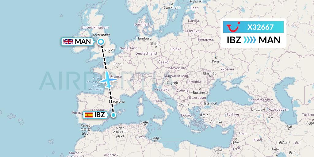 X32667 TUI fly Germany Flight Map: Ibiza to Manchester