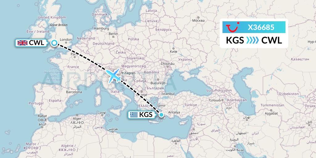 X36685 TUI fly Germany Flight Map: Kos to Cardiff
