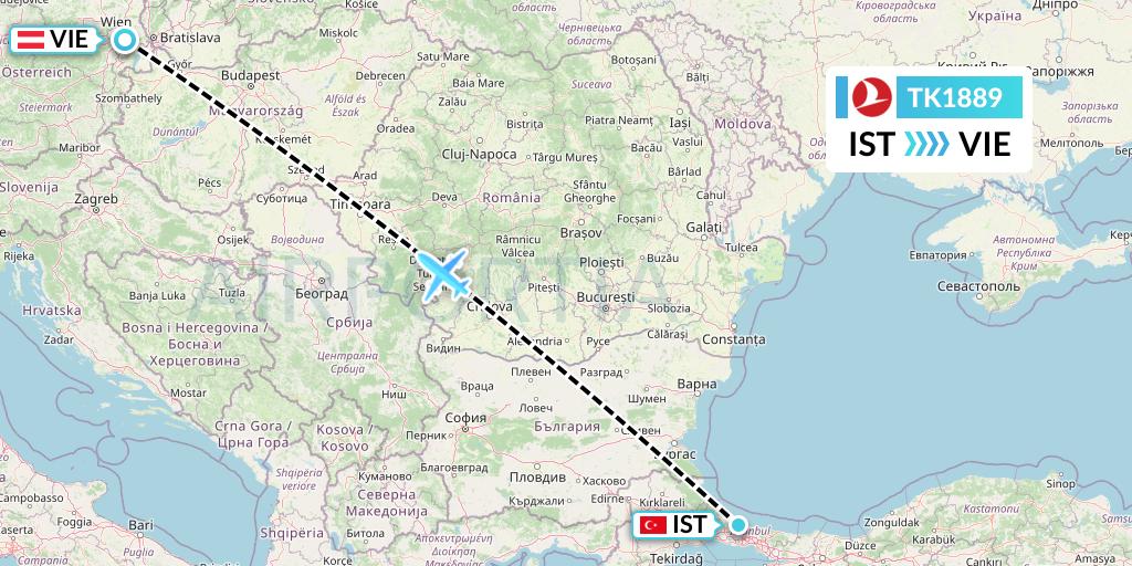 TK1889 Turkish Airlines Flight Map: Istanbul to Vienna