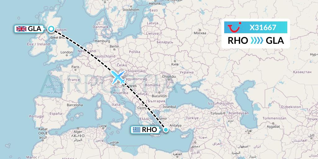 X31667 TUI fly Germany Flight Map: Rhodes to Glasgow