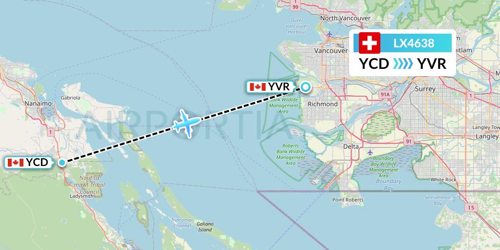 LX4638 Swiss Flight Map: Nanaimo to Vancouver