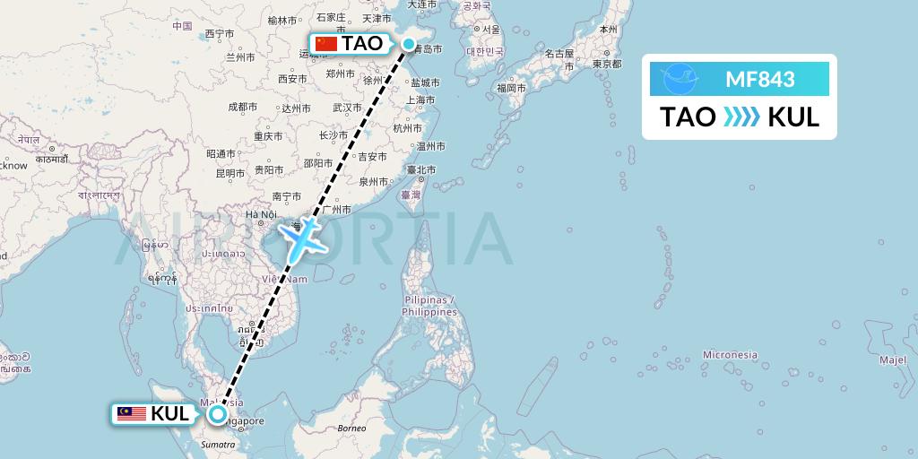 MF843 Xiamen Airlines Flight Map: Qingdao to Kuala Lumpur