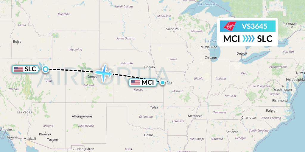 VS3645 Virgin Atlantic Airways Flight Map: Kansas City to Salt Lake City