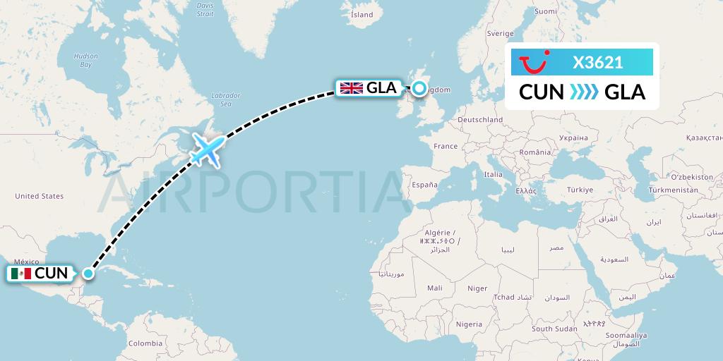 X3621 TUI fly Germany Flight Map: Cancun to Glasgow